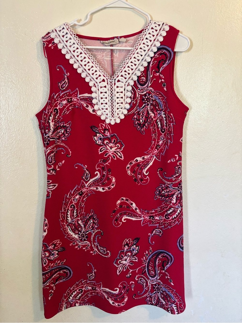 Red Paisley Sleeveless Dress with Crochet V-Neck by Dana Buchanan